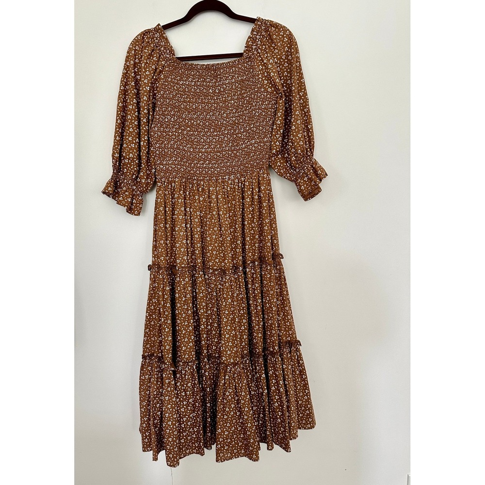 Ivy City Co Madeline Dress Small Brown Floral Smocked Tiered Midi Cotton Cottage - Picture 5 of 9